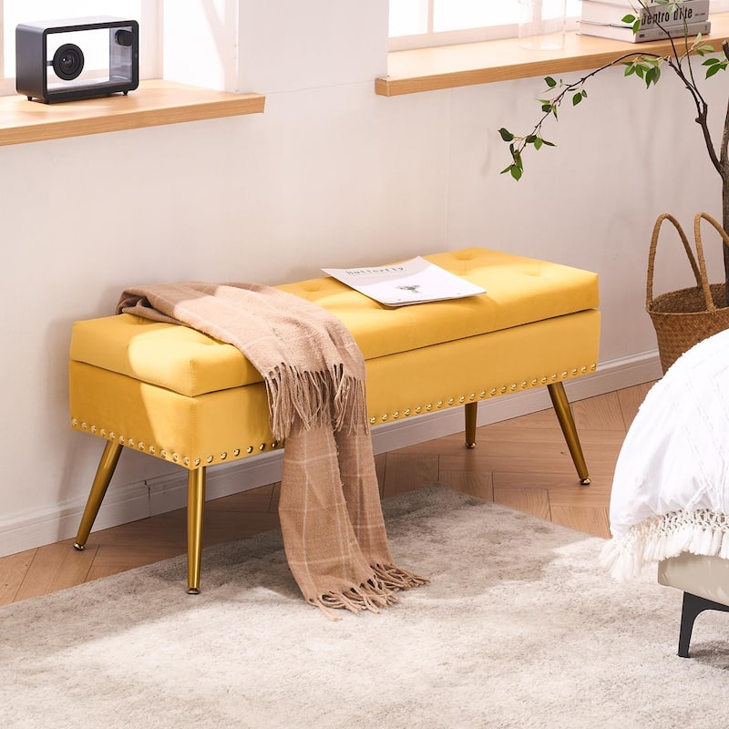Velvet Storage Ottoman Bench with gold legs and Nailhead Trim for Bedroom/End of Bed/Entryway/Window