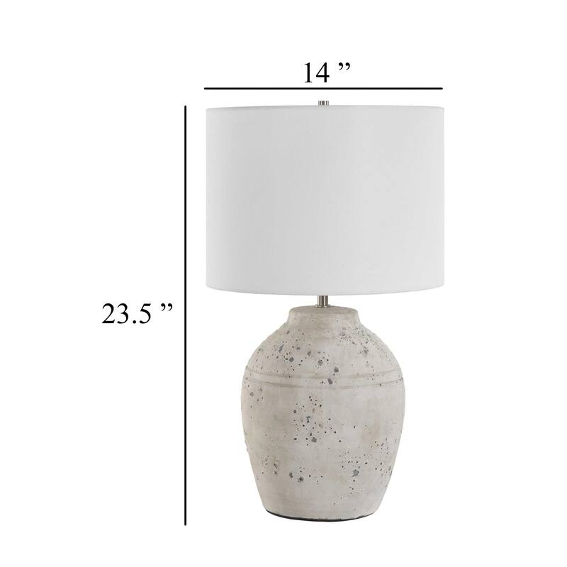 Table Lamp, Round Linen Shade, 24 Inch Distressed White Ceramic Body