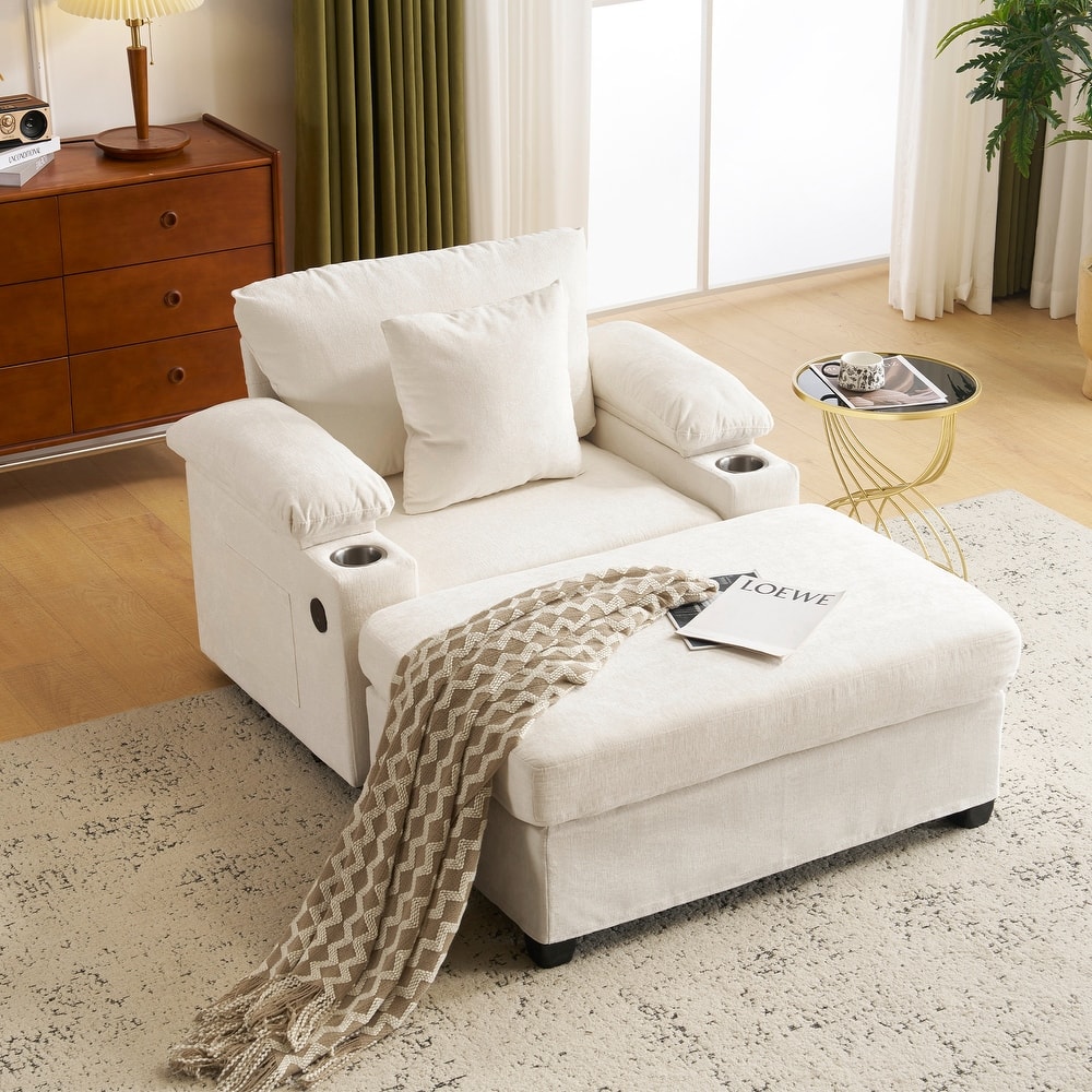 GDFStudio - Ethan Blake Oversized Chenille Chair Bed with Ottoman, Storage & USB Charging for Lounge & Apartment Living