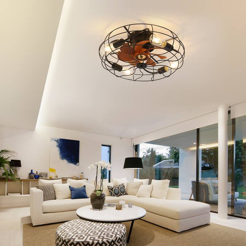 20" Black Industrial Caged Ceiling Fan with Lights and Remote Control - 20 Inch