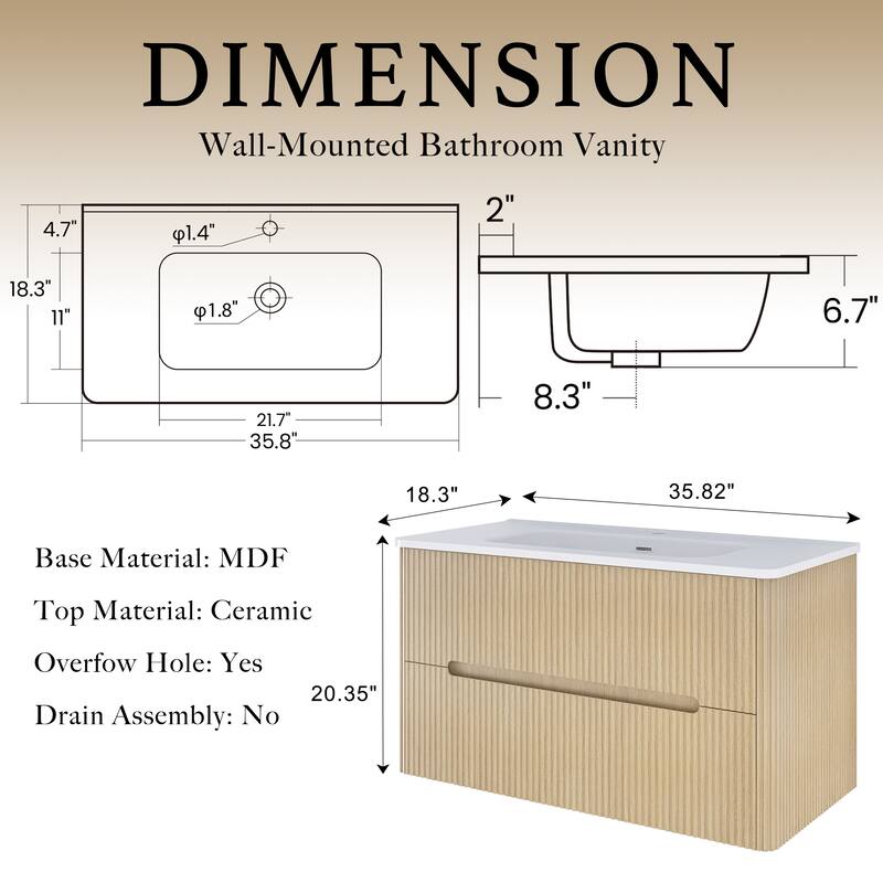 Emma 36 inch Wall-Mounted Bathroom Vanity Set with Integrated Ceramic Sink - 36"x18"x20"