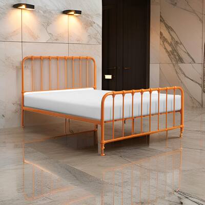 Ethan Queen Size Bed, Classic Open Slatted Metal Frame Design, Orange
