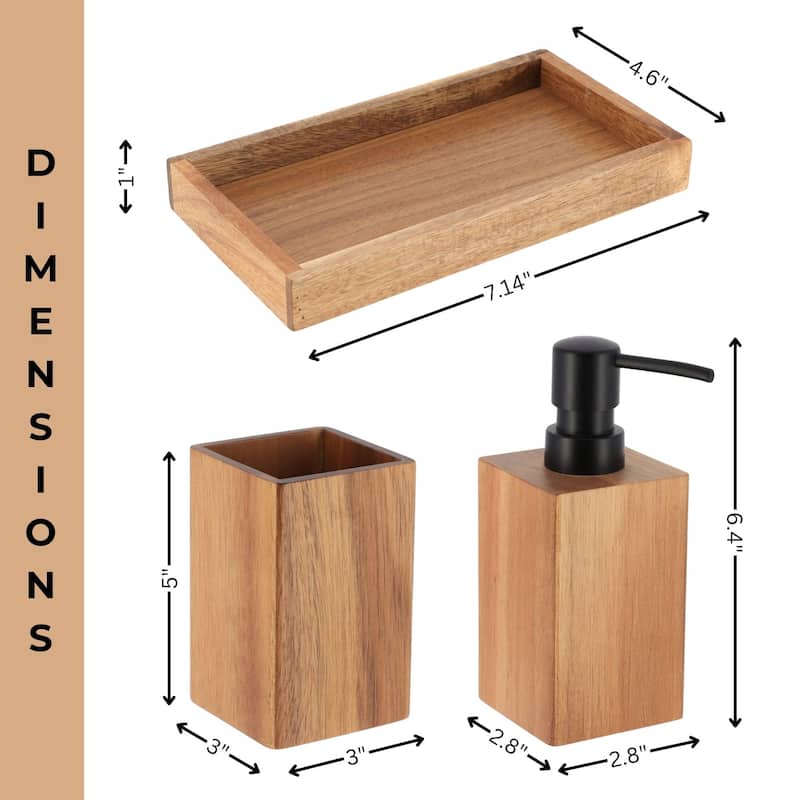Acacia Bathroom Accessory Set 3-Pieces Rectangular - tumbler, soap dispenser and a rectangular tray