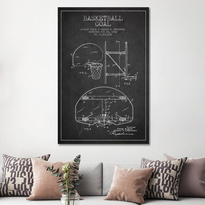 iCanvas "F. Albach & G.R. Chervenka Basketball Goal Patent Blueprint (Charcoal)" by Aged Pixel Canvas Print