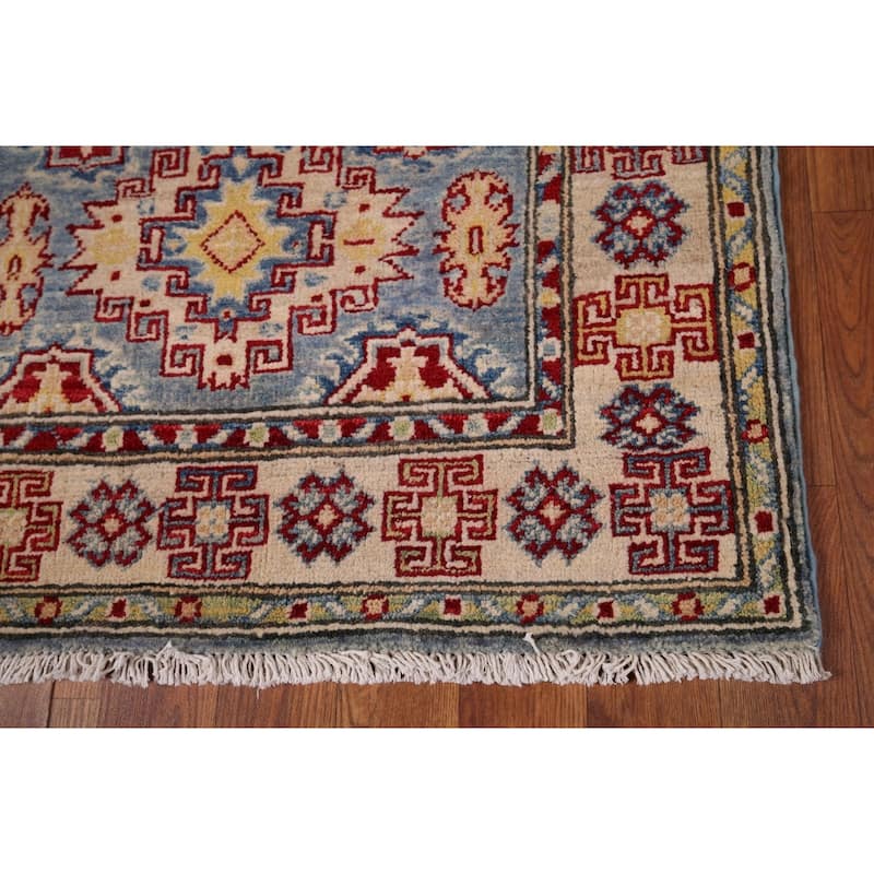 Blue Geometric Kazak Runner Rug Hand-Knotted Wool Carpet - 2'9" x 15'11"