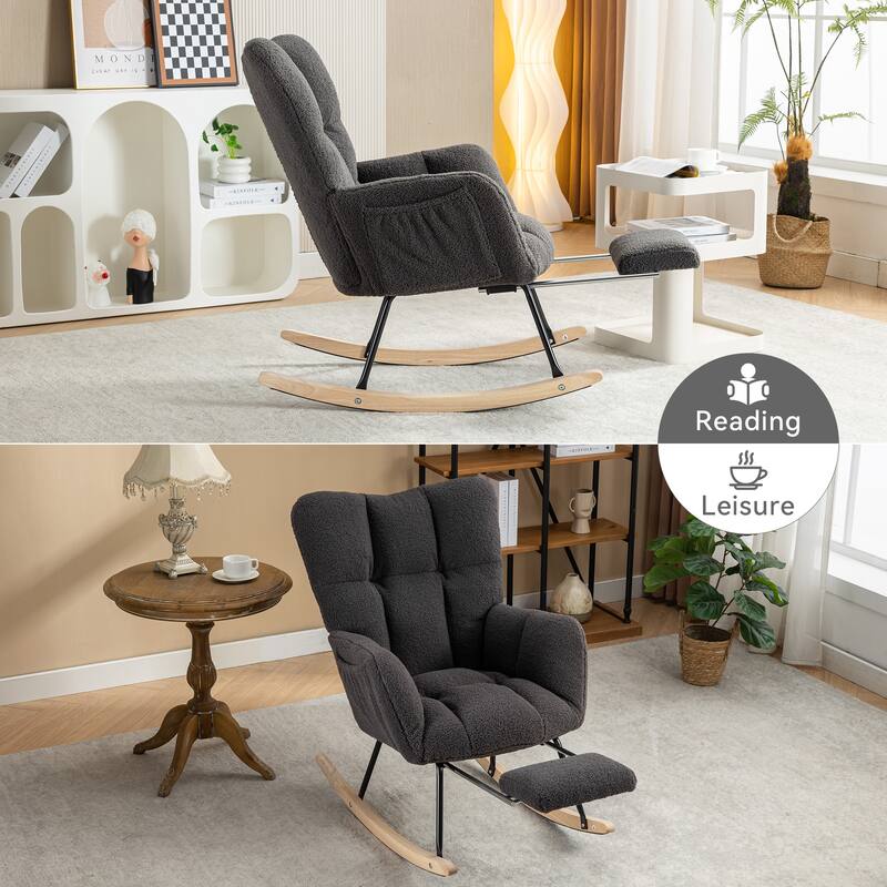 Teddy Fabric Leisure Rocking Chair With Adjustable Footstool