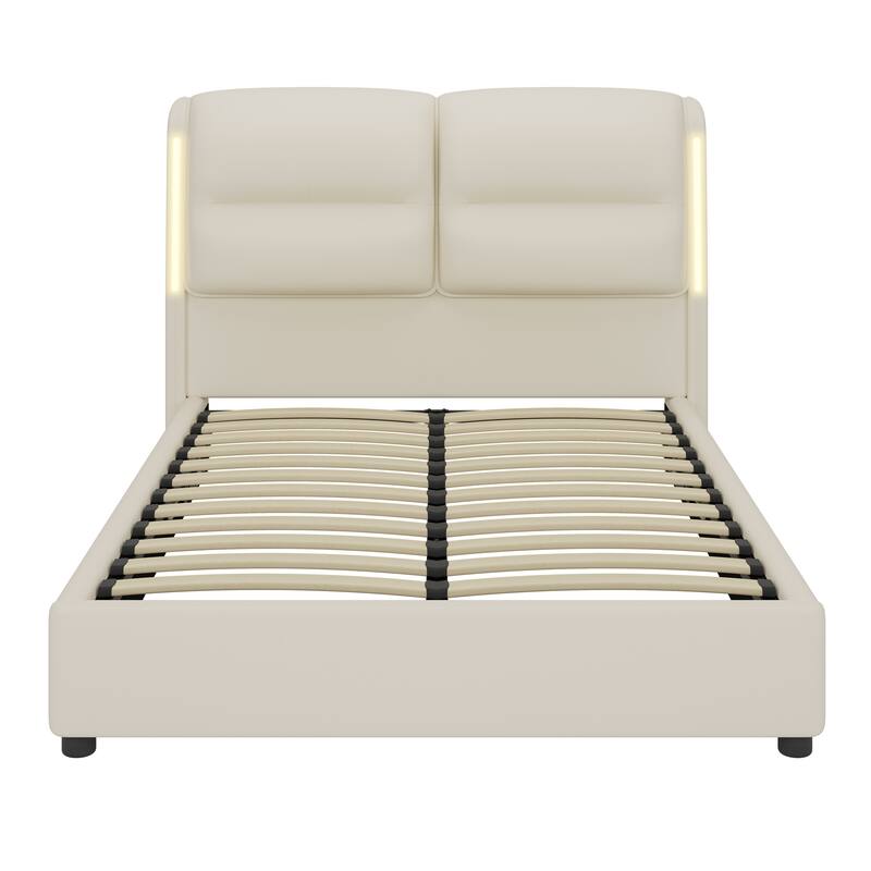Upholstered Frame Bed Hydraulic Platform Bed with Lift-Up Storage, Queen Size Bed, Wingback Headboard with Sensor Lights