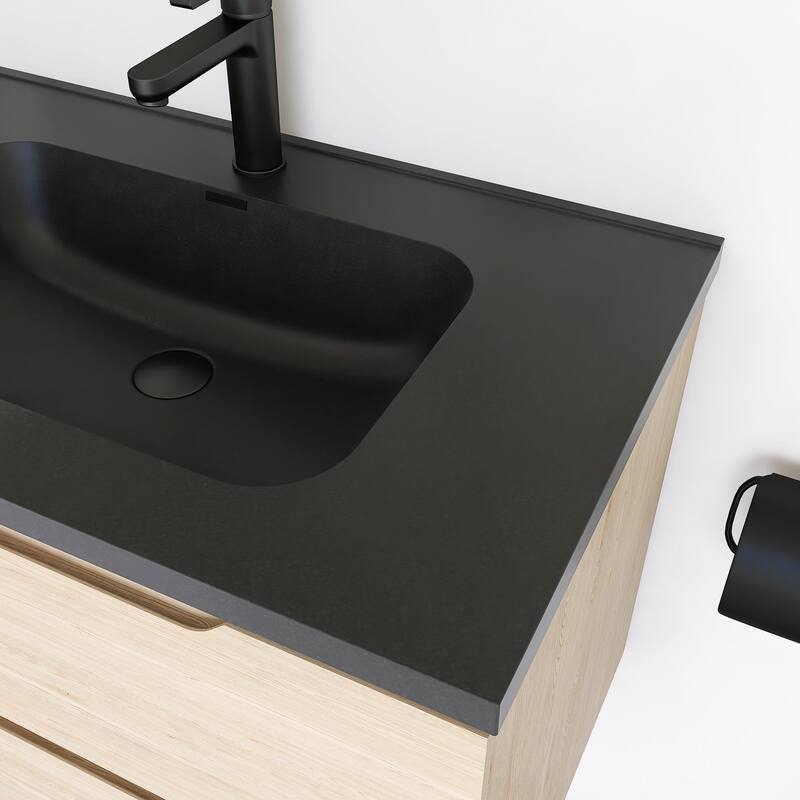 Floating Bathroom Vanity in Evita Oak with Integrated Quartz Sand Top
