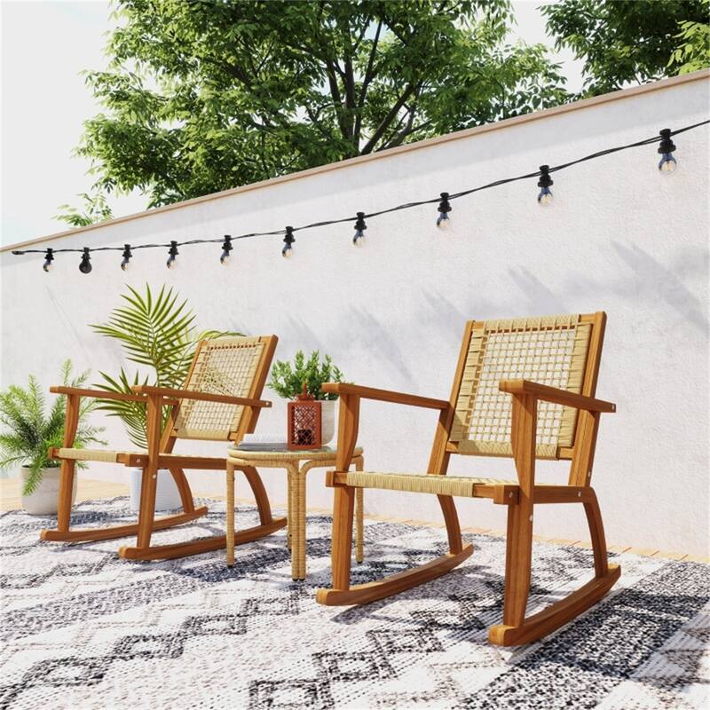 Khaki Acacia Wood PE Wicker Rocking Chairs Set of 2 with Foot Pads - 24" W x 33.5" D x 35.4" H