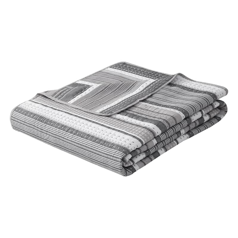 Avenida Stripe Grey All-Season Soft Woven Matelasse Jacquard Reversible Cotton Blend Quilt Set