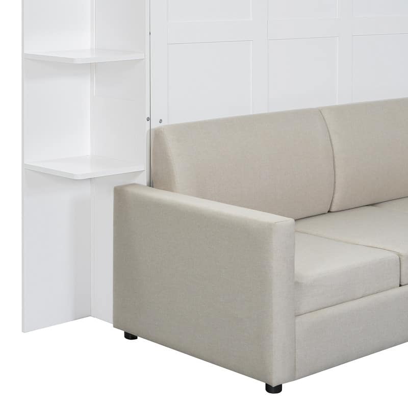 Queen Size Murphy Bed with Sofa, Folding Bed Frame Cabinet Wall Bed with Shelves and Top Lights