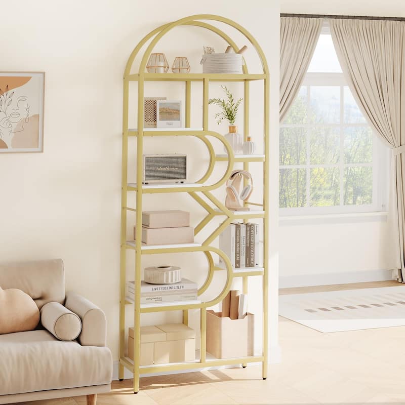 81.7 Inch Arched Bookshelf, Open Bookshelf with Storage Shelf, Geometric Bookcase Display Racks Tall Standing