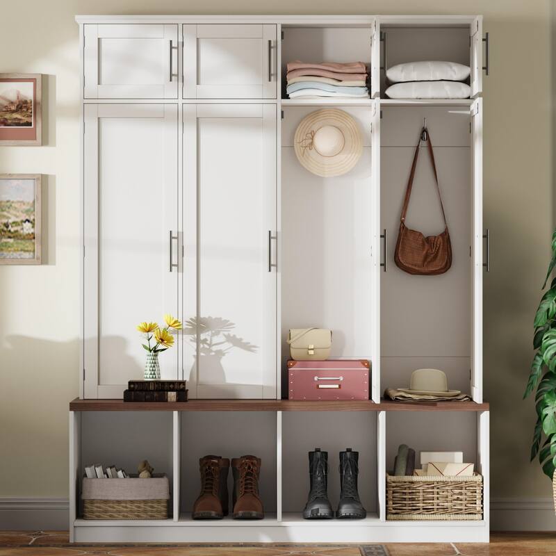 Farmhouse Hall Tree with 4 Hidden Hanging Hooks,Versatile Seating Bench with 8 Doors,Entryway Shoe Cabinet with Open Compartment