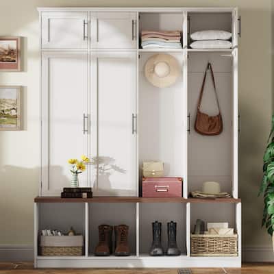 Rustic Farmhouse Entryway Set – Concealed 4-Hook Coat Rack & 8-Door Storage Bench with Open Shelves‌