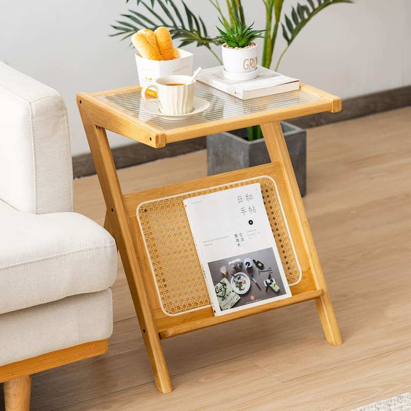 Gymax 2 Pieces Boho End Table with Magazine Rack Versatile Bamboo