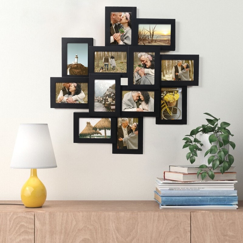 Adeco Decorative Black Wood Wall Hanging Collage Picture Photo Frame, 12 Opening