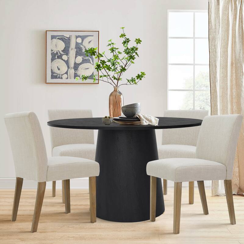 Round 46" Pedestal Dining Table Set with Upholstered Chairs for 4 - Beige