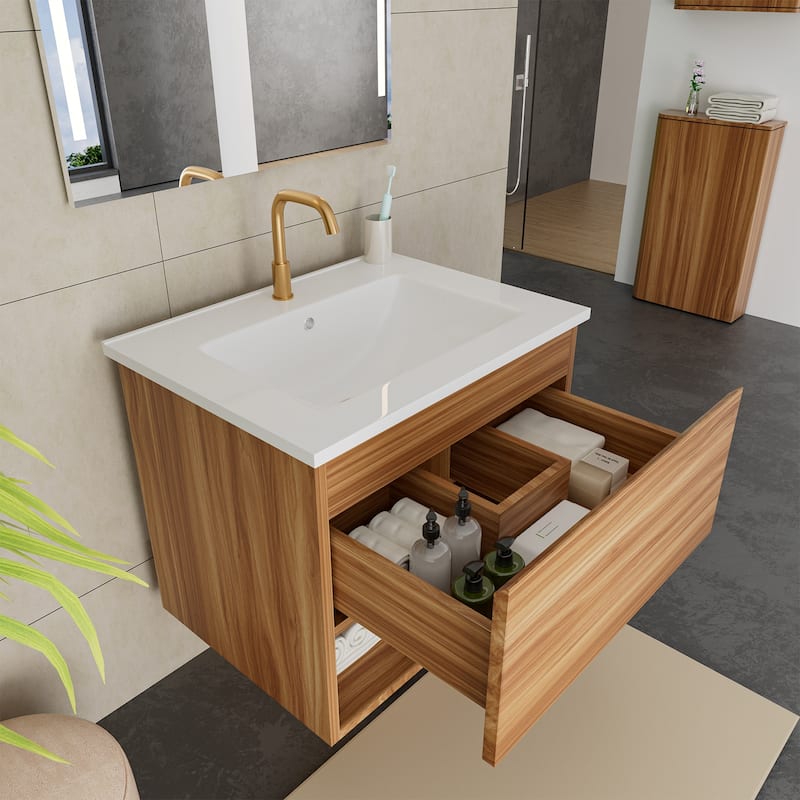 24" Floating Bathroom Vanity with Ceramic Sink - Wall Mounted Fluted Cabinet in Walnut with Drawers, Modern Design