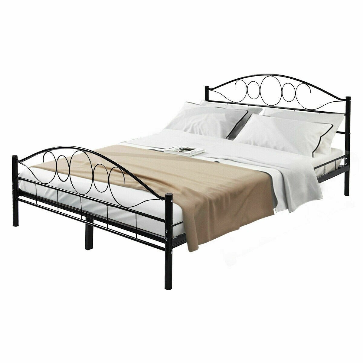 Beds Mattresses Queen Size Metal Bed Frame Wood Slats Platform With Headboard Footboard Bedroom Home Garden
