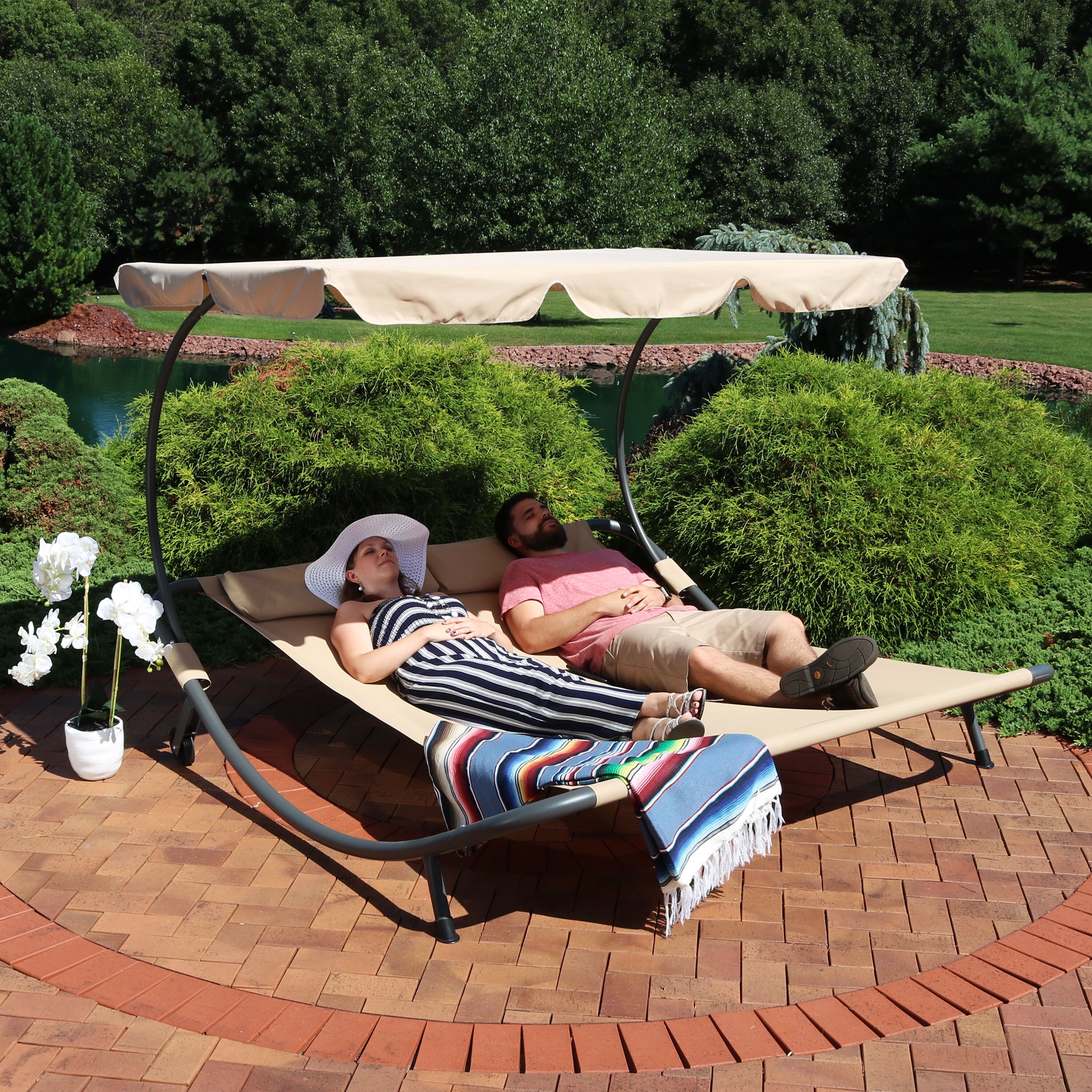 Sunnydaze decor sunnydaze double chaise online lounge with canopy and headrest pillows