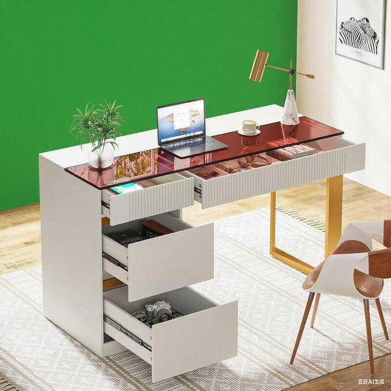Glass Top Computer Desk with Four Drawers White and Gold Frame Modern Office Table with Storage for Home Workspace