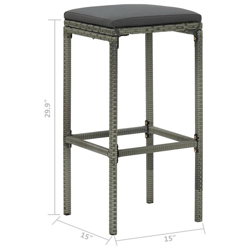 Outdoor Barstool Set of 2 with Cushions, Gray Poly Rattan and Steel