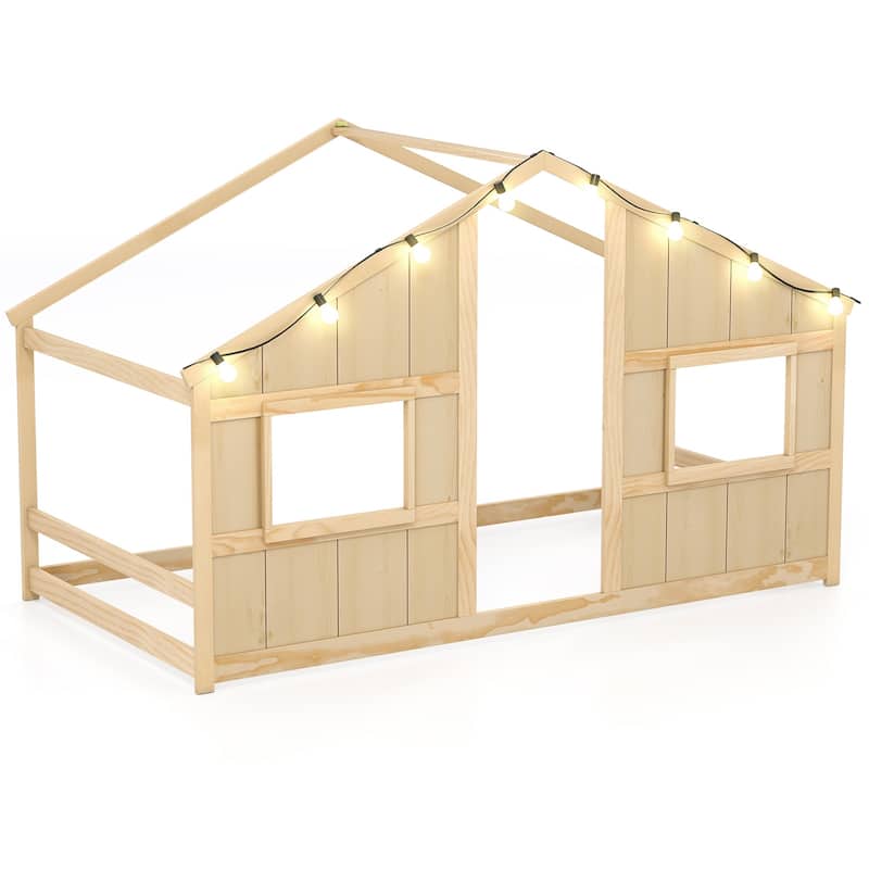 Twin Size Kids Floor Bed with LED Lights and Solid Wooden Montessori House Design