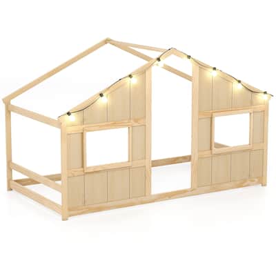 Twin Size Kids Floor Bed with LED Lights and Solid Wooden Montessori House Design