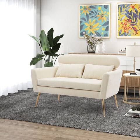 Chenille Loveseat Small Sofa Small Mini Room Couch Two-seater Sofa Padded Seat Arm Chairs with 2 Throw Pillows & Metal Legs