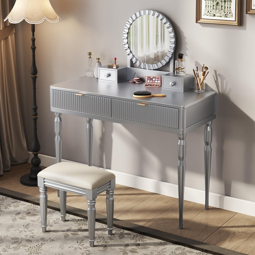 Make-up Vanity Desk with Round Mirror,4 Drawers and Stool