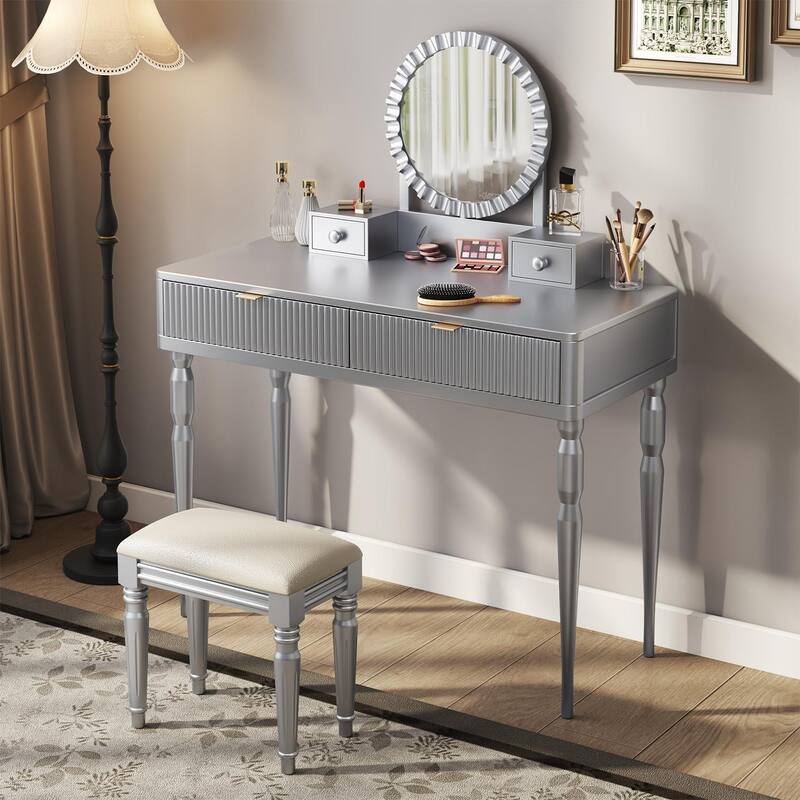 Silver Makeup Vanity Desk with Stool, 4 Drawers Dressing Table Set with Sunflower-shaped Vanity Mirror