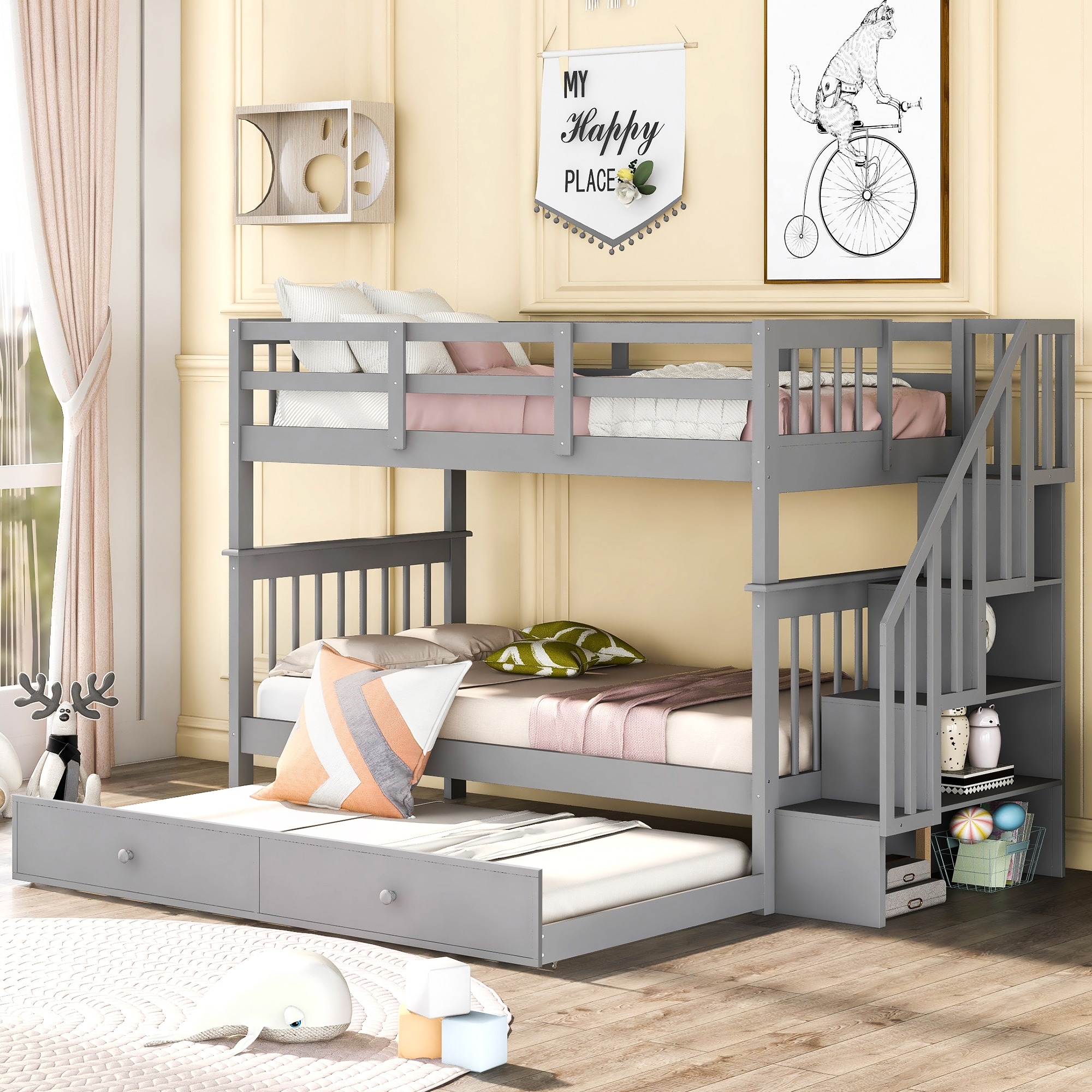 Modern Twin over Twin Wooden Bunk Bed with Full Length Guardrail Trundle Bed and Handrail Stairs with Storge On Sale Bed Bath Beyond 35794003