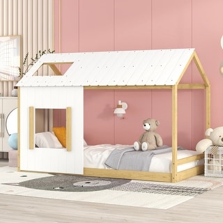 White/Natural Modern Twin Size Pine Wood House Bed with Roof and Window, Sturdy Construction