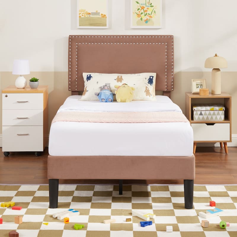 VECELO Upholstered Bed Frames with Height Adjustable Headboard