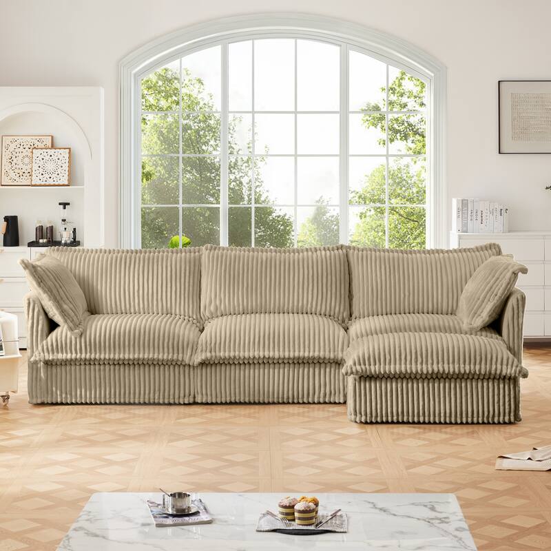 Modern L-Shaped 3-Seater Slipcovered Corduroy Sectional with Ottoman