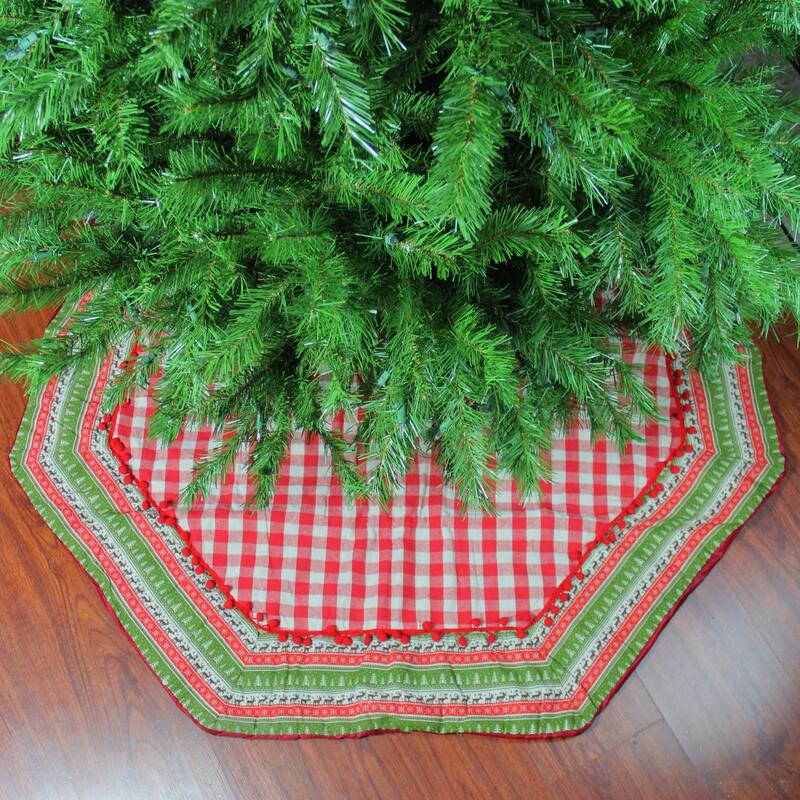 50" Red White Buffalo Plaid Christmas Tree Skirt Woodl Fair Isle Trim
