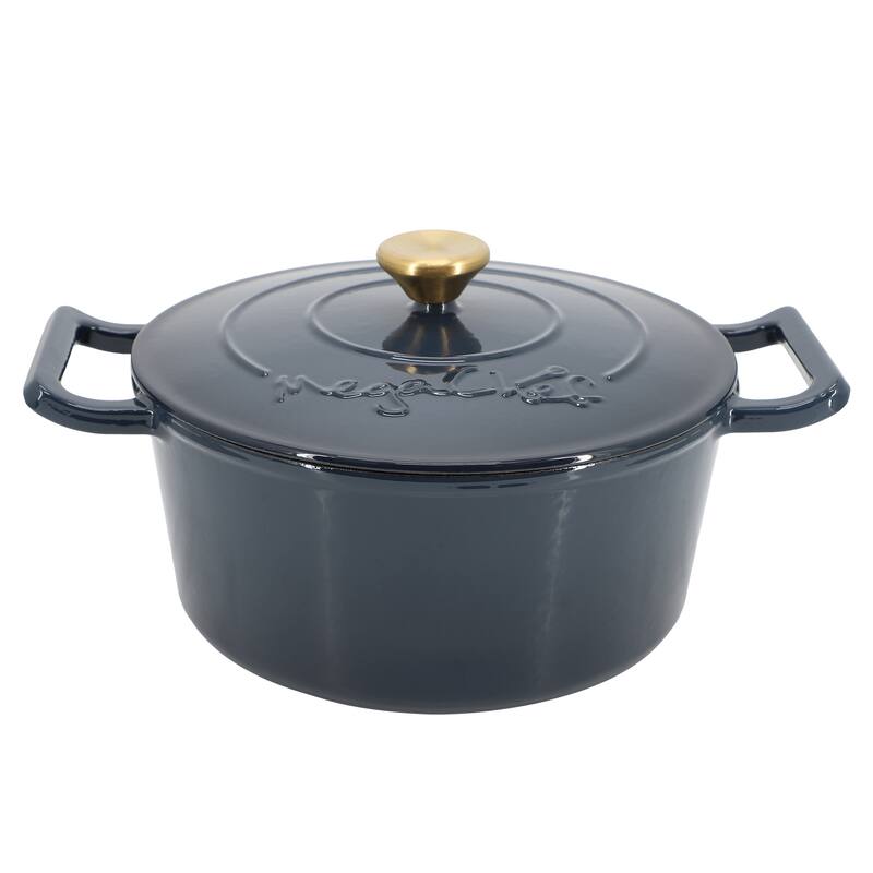 5.3Q Round Enameled Self Basting Lid Dual Handle Cast Iron Casserole in Deep Blue