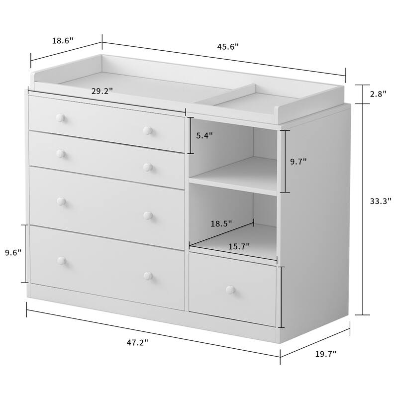 Premium White 5-Drawer Dresser with Baby Changing Table by Kerrogee