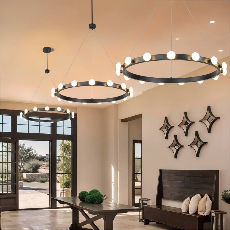 15/24-Light Mid-Century Modern Black Integrated LED Large Wagon Wheel Chandelier for Dining Room/Living Room