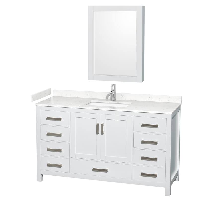 Sheffield Single Bathroom Vanity Set, Cultured Top, Medicine Cabinet - 60-Inch Single - White, Carrara Cultured Marble Top, Chrome Trim
