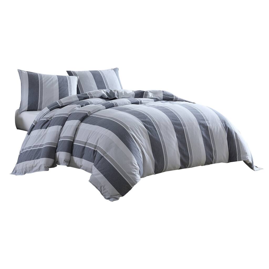 3 Piece Queen Comforter Set with Broad Stripes, Gray