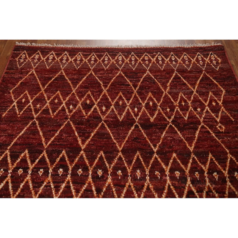 Hand Knotted Oriental 100% Wool Carpet Modern Tribal Red Moroccan Area Rug - 7' 8'' X 5' 7''