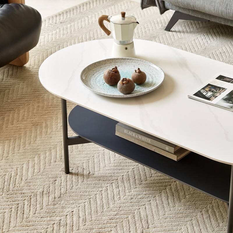 Modern Ceramic Coffee Table with Walnut Finish Shelf - Elegant Living Room Center Table