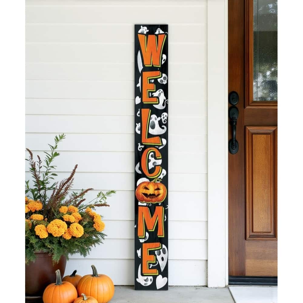 HomeRoots 72" Black And Orange Solid Wood Welcome Halloween Ghost Porch Sign