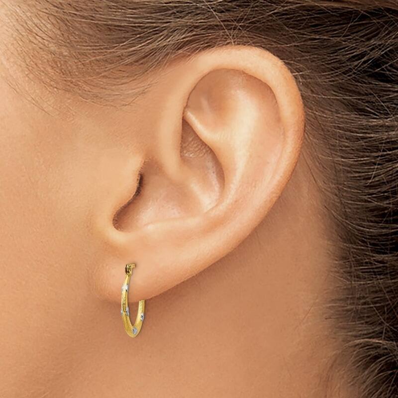 Curata 14k Yellow Gold and Rhodium 2x17mm Textured Oval With Hearts Hoop Earrings
