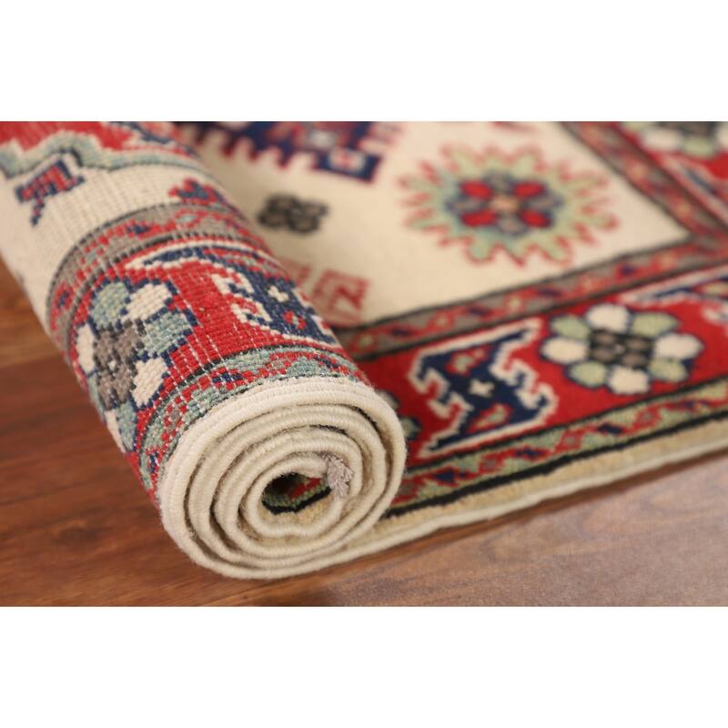 Geometric Kazak Accent Rug Handmade Wool Carpet - 2'7" x 3'9"