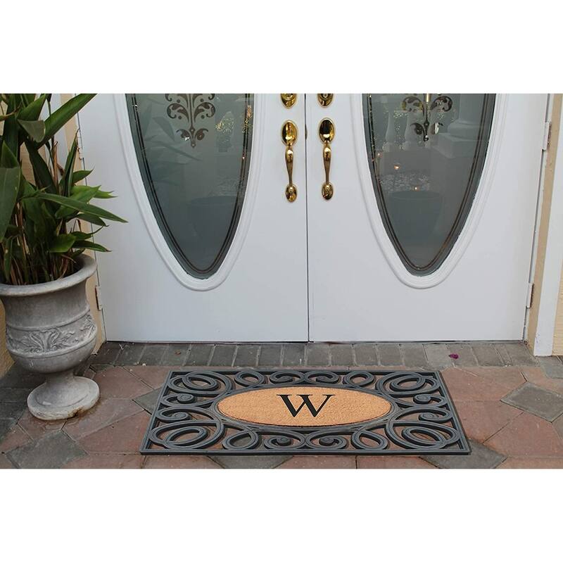 A1HC Rubber and Coir Elegant Circles, Monogrammed Double Door Doormat, Black/Beige - 23"X38"