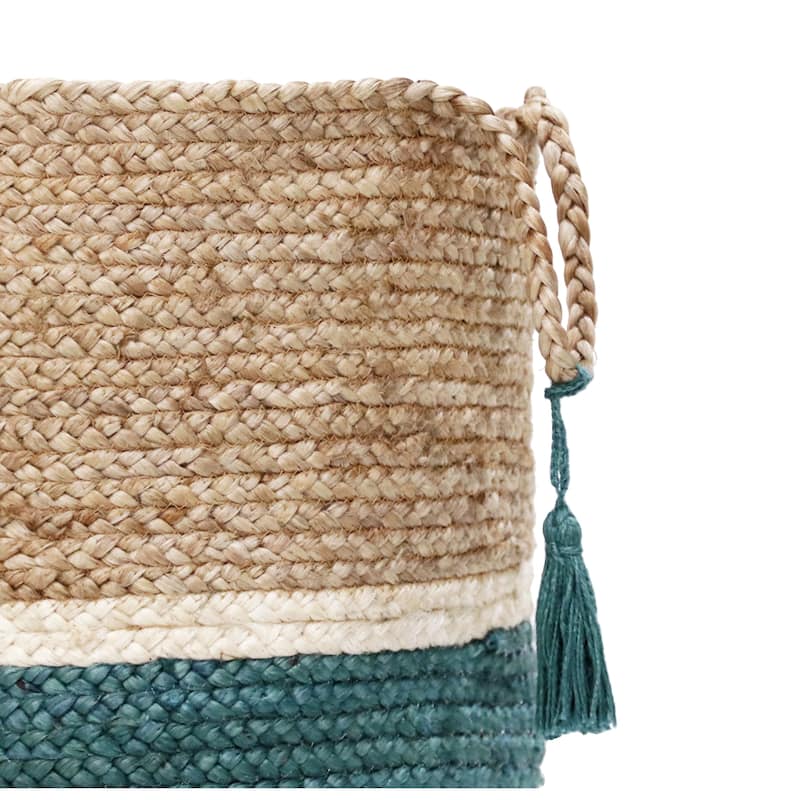 Sevita Teal and Natural Jute Color Block Storage Basket with Handles