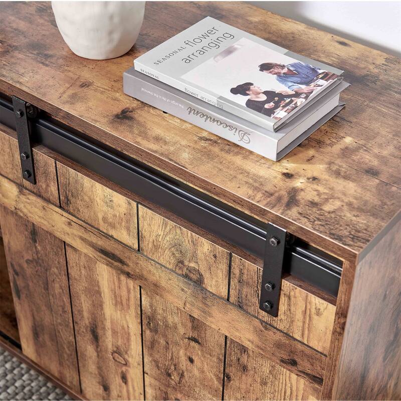 L Shaped Home Office Desk with Storage Credenza and Sliding Barn Door