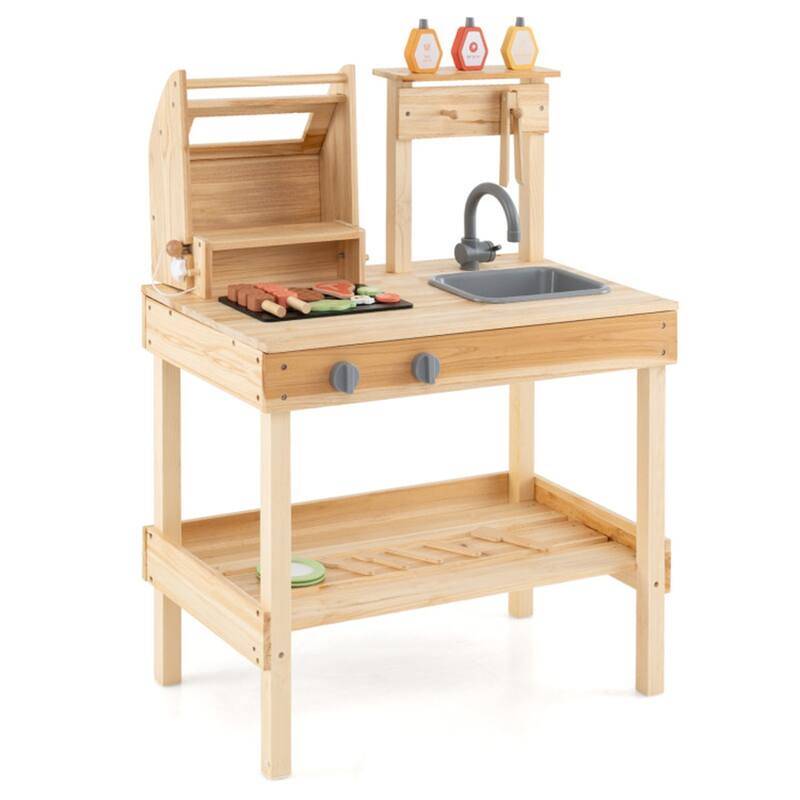 Kids Wooden BBQ Grill Playset with Sink Storage and Utensils Natural Outdoor Pretend Cooking Toy for Ages 3 and Up
